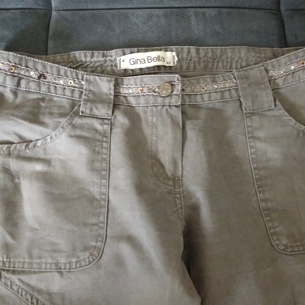 Women's beige cotton pants with embroidered waistband, Gina Bella, size 42