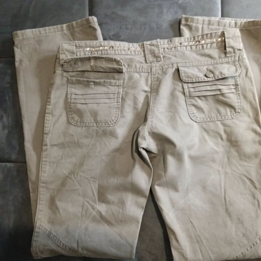 Women's beige cotton pants with embroidered waistband, Gina Bella, size 42